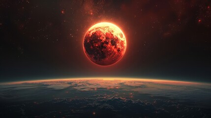 Wall Mural - Eclipse: A 3D illustration of a total lunar eclipse, with the Earth completely blocking the sun's light from reaching the moon