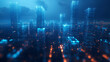 © Wasin Arsasoi - a dark blue cybersecurity landscape with azure fissures, out of focus, high contrast, depth and perspective, elegant glass abstract buildings, glowing neon azure energy, code network.