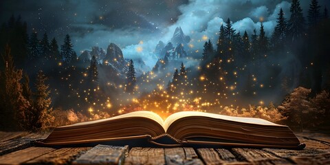 Wall Mural - Glowing Storybook Unfolds Mythical Forest Landscape at Night with Magical Lights and Atmosphere