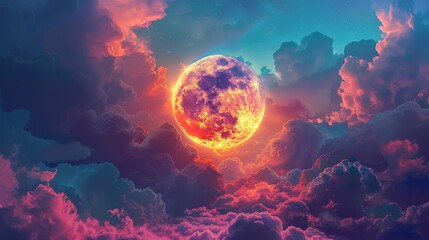 Wall Mural - Moon: A mystical illustration of the moon surrounded by a ring of colorful clouds