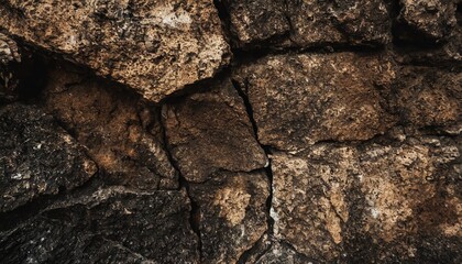 Wall Mural - a detailed closeup of a cracked stone wall revealing a beautiful pattern of earth tones resembling bedrock in the darkness of the landscape