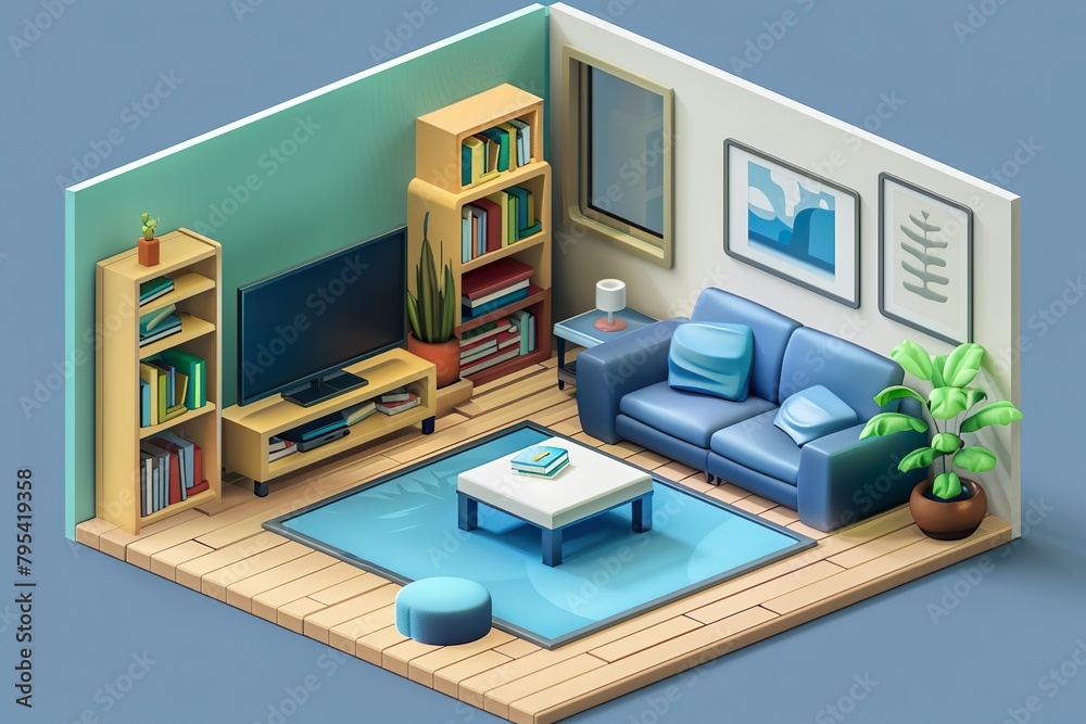 isometric illustration of a cozy living room with stylish furniture ...