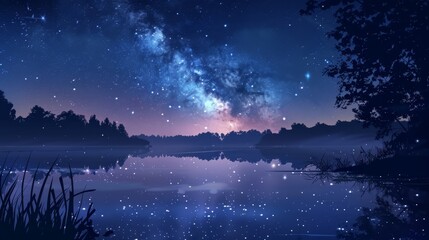 Wall Mural - night sky: a peaceful illustration of the night sky over a calm lake