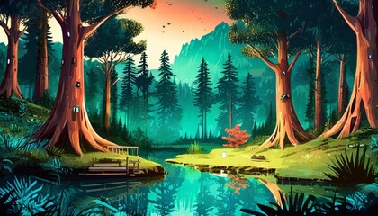 Wall Mural - illustration of a game level design forest created with generative ai