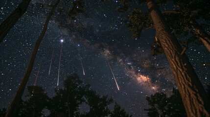 Wall Mural - night sky: a photo of a meteor shower, with multiple shooting stars streaking across the sky