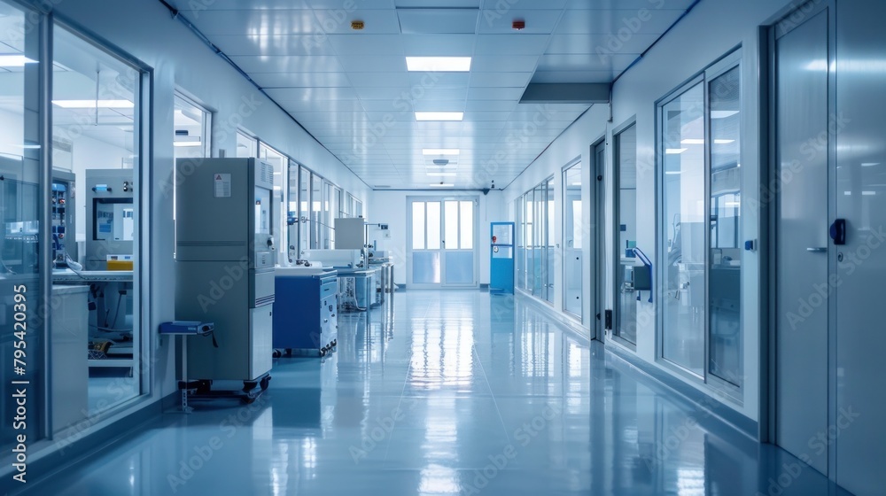 Science Clean Room Clean room. Modern industrial science laboratory interior with doors ...