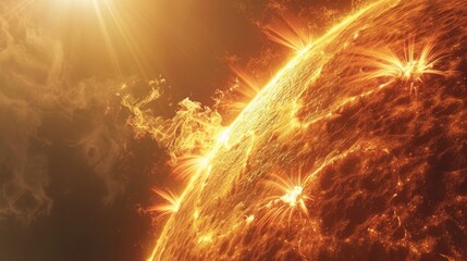 Wall Mural - Solar System: A 3D visualization of the sun, with detailed surface features and solar flares