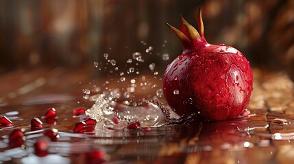 Wall Mural - A wet red pomegranate sits on a reflective surface.

