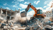 © Alina Tymofieieva - A large orange excavator is digging into a pile of rubble. The scene is chaotic and destructive, with the machine working hard to clear the debris