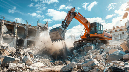 A large orange excavator is digging into a pile of rubble. The scene is chaotic and destructive, with the machine working hard to clear the debris