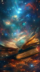 An open book with a beautiful galaxy inside