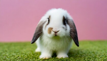 Wall Mural - front view white cute baby holland lop rabbit standing pink background lovely rabbit generative ai