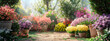 Gardening background with flowerpots in sunny spring or summer garden, banner