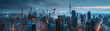 Banner with twilight panorama of a bustling metropolis skyline.  Generative AI