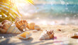 Summer background with shells on beach and blue sea