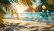 Landscape of tropical summer. Summer vacation concept with sunset sky, sea, bokeh light and palm leaves 