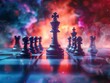 © Pornarun - Black chess pieces on a chessboard with an explosion of color in the background.