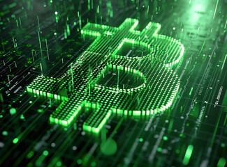 Poster - Digital background with 3D illustration of a bitcoin symbol, creating a futuristic and modern concept