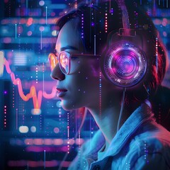 Poster - Futuristic Woman Experiencing Digital Payments and E commerce Security in Neon City Landscape