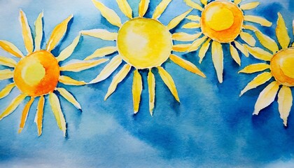 Wall Mural - hand drawn watercolor illustration of suns on a blue background