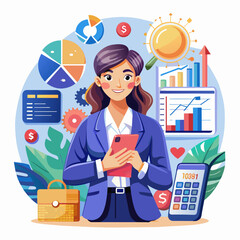 Wall Mural - Main of Business Woman holds smartphone usage analyze and calculate annual income and expenses, financial table and financial report, technology and business concept.