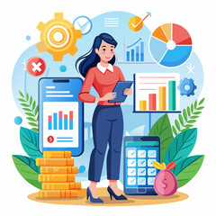 Wall Mural - Main of Business Woman holds smartphone usage analyze and calculate annual income and expenses
