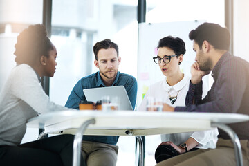 Aufkleber - Business people, meeting and laptop with discussion in office for kpi analysis, sales research and planning. Diversity, communication and teamwork with tech for project management, review and support