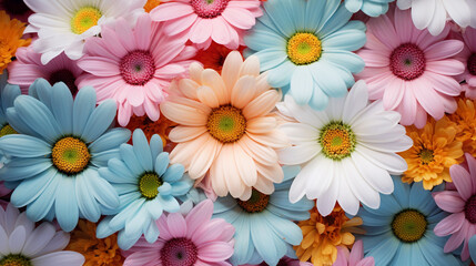 A macro shot capturing the texture and vivid colors of daisies, seamlessly forming a 70s-inspired pattern that feels both retro and modern.