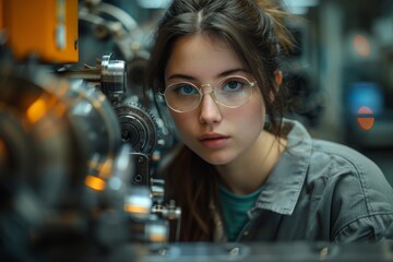 Poster - A concentrated technician with blurred face adjusts complex machinery, highlighting precision and expertise in a modern industrial environment