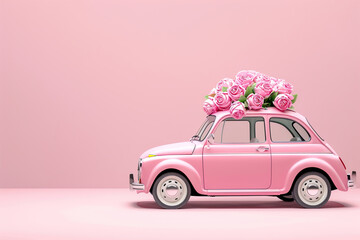 Flower delivery. Pink retro toy car carrying bouquet of roses flowers on the roof on pink background. Happy Valentine's Day, Mother's Day, March 8, World Women's Day card. Car delivering flowers. Love