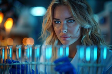 Poster - Focused on a female scientist examining test tubes in a modern lab environment with a cool blue tone