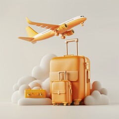 3d icon of yellow suitcases and airplane in white background