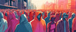 A sea of faceless individuals in a stylized illustration with vibrant hoodies representing anonymity and unity