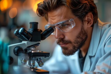 Poster - A focused scientist examines samples using a microscope in a modern lab