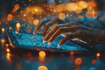 Poster - Close-up of hands on a laptop keyboard with a magical glow of lights and bokeh