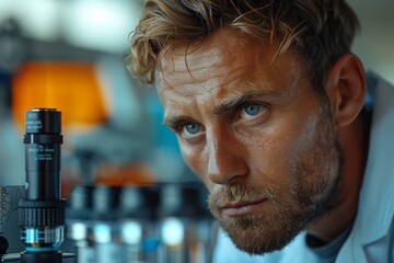 Poster - A detailed image of a scientist working with a microscope in a modern laboratory, focused on research