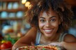 A close-up shot of a child with curly hair eagerly eyeing a slice of pizza on a table