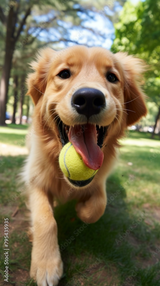 b'A Golden Retriever Dog Fetching a Tennis Ball in the Park' Stock ...