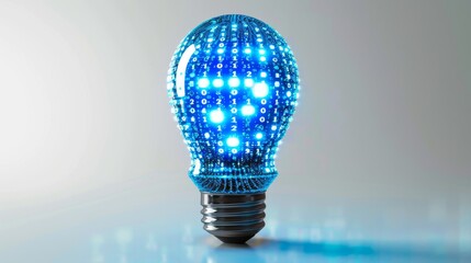 Light bulb made of blue binary code on white background