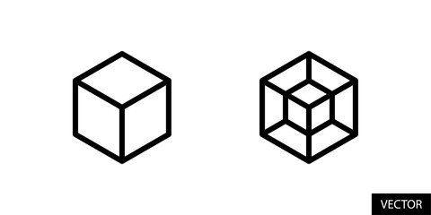Fototapete - 3D and 4D cube, three dimensional and four dimensional cube, hexahedron, tesseract icons in line style design for website, app, UI, isolated on white background. Editable stroke. Vector illustration.