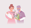 Young female doctor with a big bouquet of flowers and happy mother hold newborn baby  in maternity hospital. Vector illustration