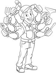 Poster - Handyman Cartoon Handy Man Caretaker Multitasking