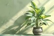 b'A potted plant sits in front of a solid green background.'