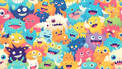 Wall Mural - A vibrant and colorful cartoon-style graffiti mural of various smiling monsters, all with exaggerated features like big eyes and wide smiles.