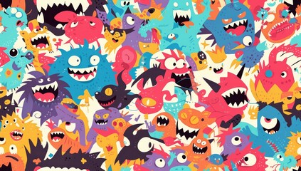 Wall Mural - A vibrant and colorful cartoon-style mural of an array of quirky, exaggerated characters with large mouths or teeth,