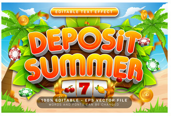 Poster - deposit summer 3d text effect and editable text effect with illustration of summer on the beach