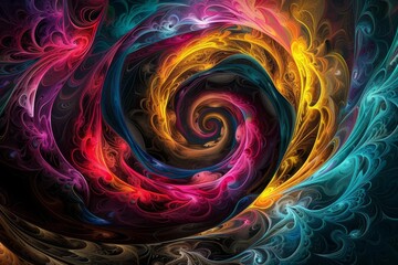 Wall Mural - mesmerizing fractal patterns in vivid colors on black background abstract digital art