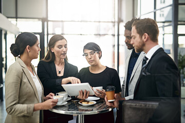 Poster - Business, team and discussion with tablet in office for collaboration or partnership on company project for growth strategy. People, diversity and digital technology for online feedback of website.
