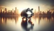 Piggy bank, a sleek metallic savings icon, reflects city skyline opportunities. Classic piggy bank stands strong against city skyline, representing financial stability.