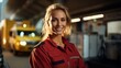 b'portrait of a smiling female paramedic in uniform standing in front of an ambulance'
